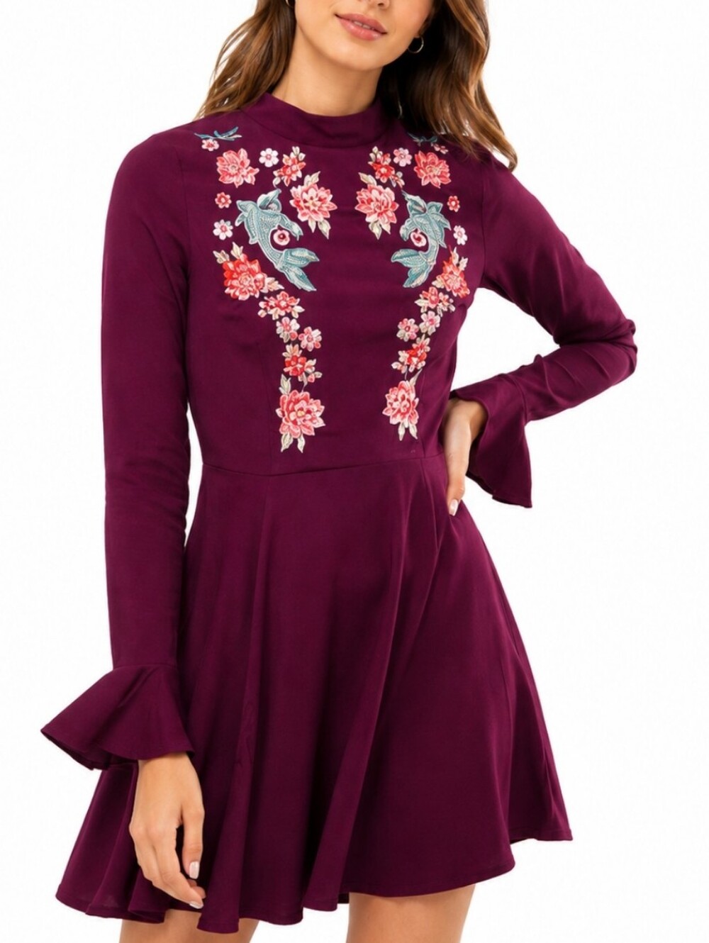 ASOS Purple Embroidered Mini Dress Floral Bird Mock Neck Trumpet Sleeve S8 Chic
